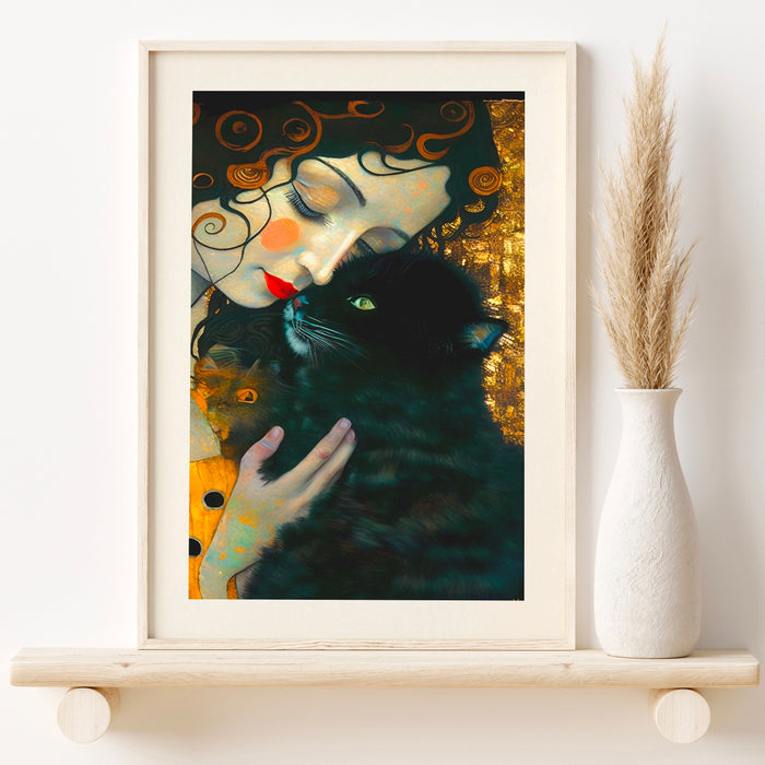 Gustav Klimt Famous Painting with Black Cat Poster, Black Cat Art, Floral Print, Cat print, Funny gift, Home decor, Digital Download
