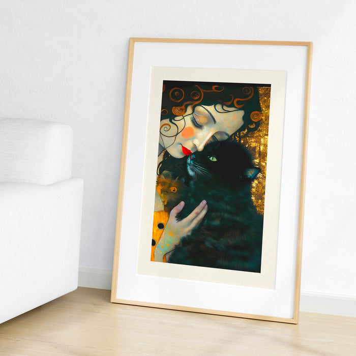 Gustav Klimt Famous Painting with Black Cat Poster, Black Cat Art, Floral Print, Cat print, Funny gift, Home decor, Digital Download