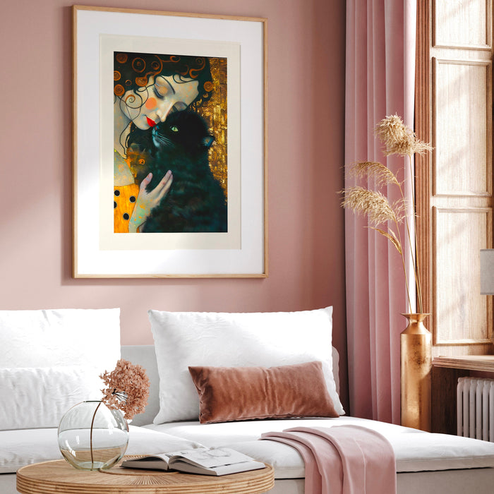 Gustav Klimt Famous Painting with Black Cat Poster, Black Cat Art, Floral Print, Cat print, Funny gift, Home decor, Digital Download
