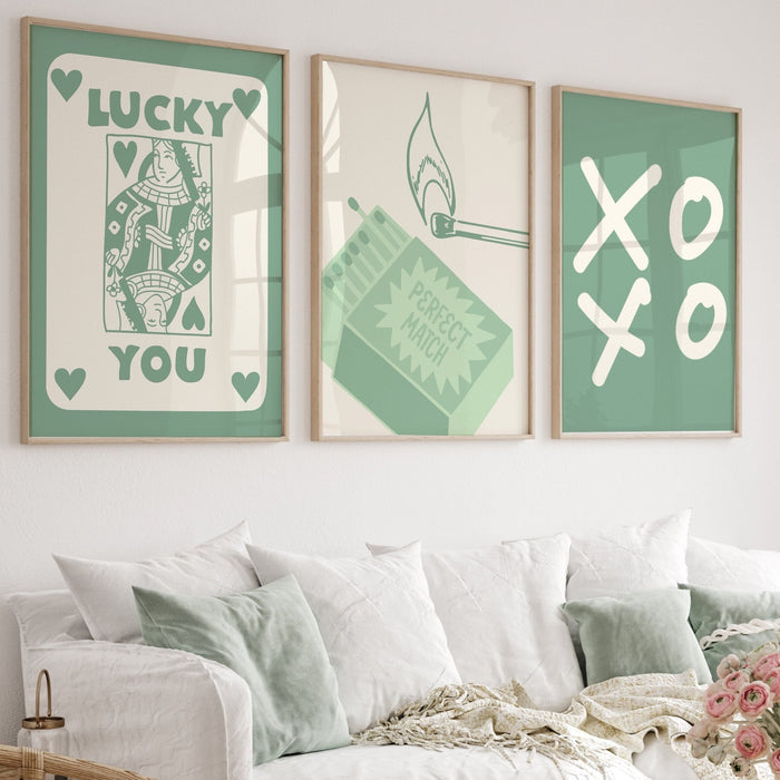 Trendy Retro Wall Art Set of 9,Retro Trendy Aesthetic Print,Lucky You Poster,Sage Green Art, Trendy Wall Art,Funny Art, Minimalist, Digital