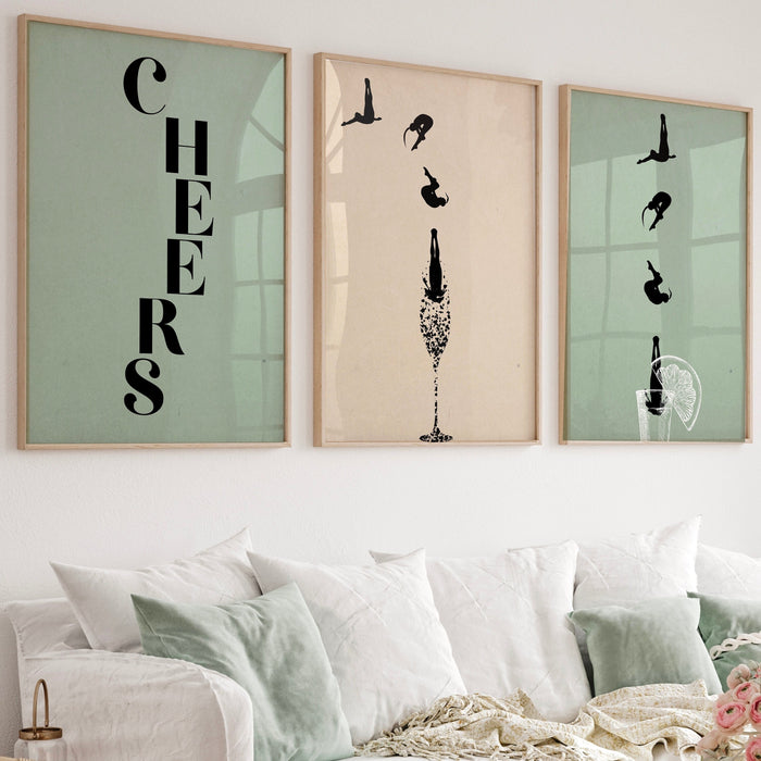 Cheers Print | Trendy Retro Wall Art Set Of 3 | Bar Cart Drinks Art | Bar Cart Accessories | Cheers Printable Wall Art | Digital Download
