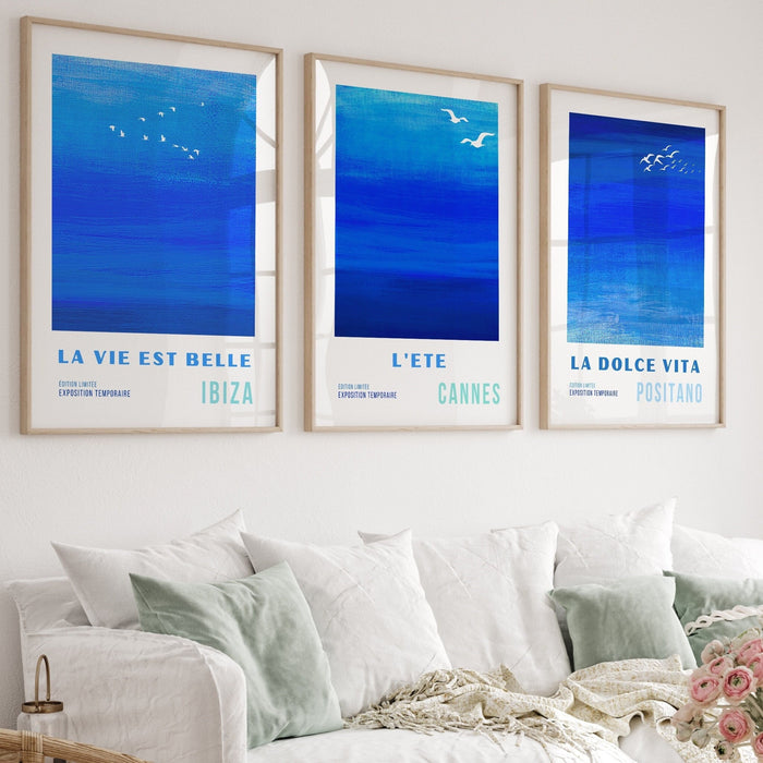 Trendy Retro Wall Art Set of 3 Retro Trendy Aesthetic Print Coastal Poster Blue Print Trendy Wall Art Abstract Art, Minimalist Digital Art