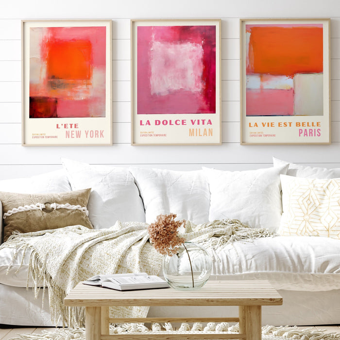 Vibrant Pink and Orange Abstract Digital Art Contemporary Wall Decor Digital Download, 70s Style Poster, Travel Poster, Printable set of 3,