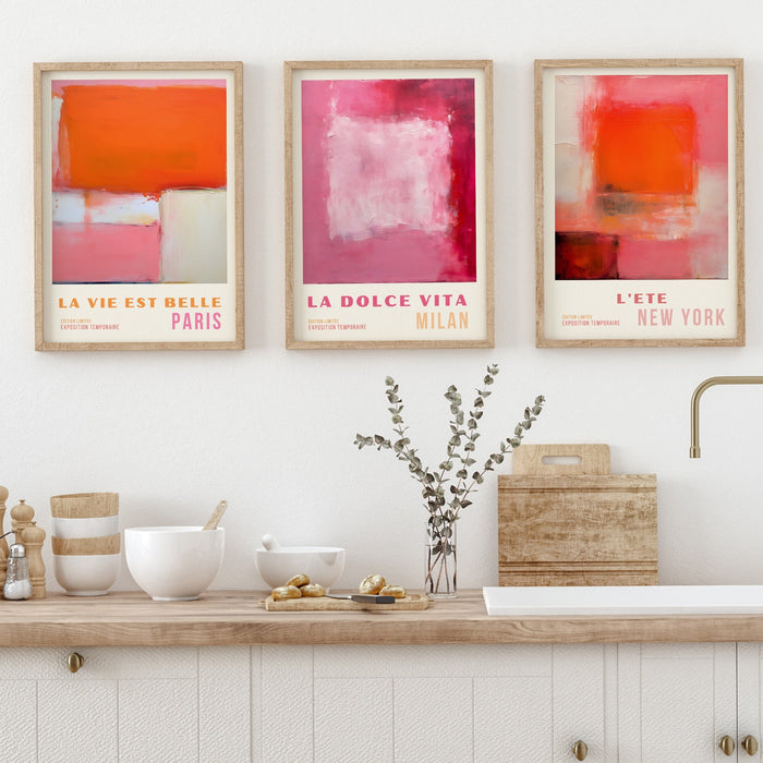 Vibrant Pink and Orange Abstract Digital Art Contemporary Wall Decor Digital Download, 70s Style Poster, Travel Poster, Printable set of 3,