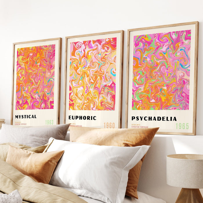 Psychadelic Digital Download, 70s Style Poster, 60s Flower Print, Orange Pink Decor, Dork Room Wall Art, Printable set of 3, Trendy Wall Art
