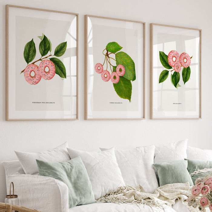 Botanical vintage, set of 3, donuts poster, Green and pink, Modern kitchen art, Printable wall art, Plant lover gift,donut, INSTANT DOWNLOAD
