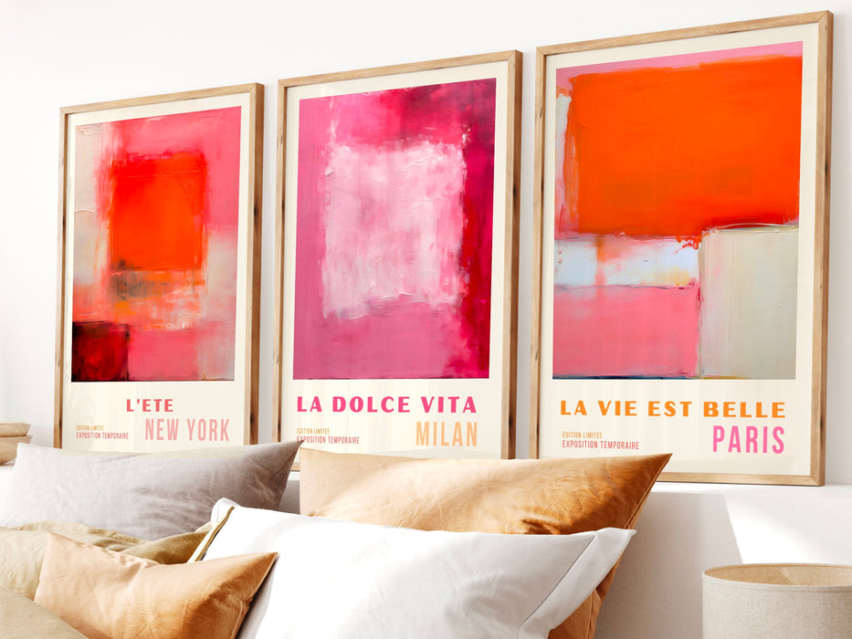 Vibrant Pink and Orange Abstract Digital Art Contemporary Wall Decor Digital Download, 70s Style Poster, Travel Poster, Printable set of 3,