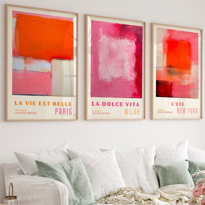 Vibrant Pink and Orange Abstract Digital Art Contemporary Wall Decor Digital Download, 70s Style Poster, Travel Poster, Printable set of 3,