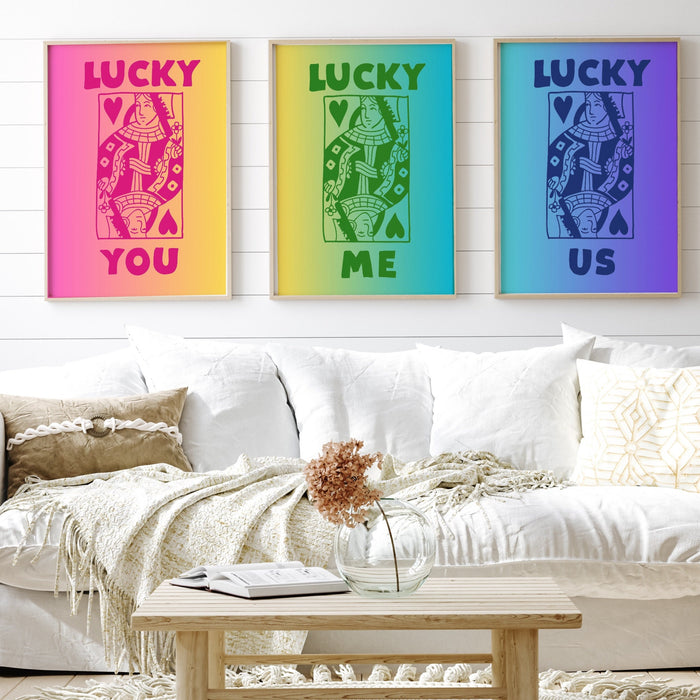 Trendy Retro Wall Art Set of 3, Retro Trendy Aesthetic Print, Lucky You Poster, Rainbow Wall Art,Funny Art, Minimalist, Digital Art