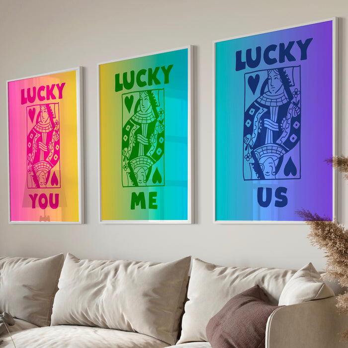 Trendy Retro Wall Art Set of 3, Retro Trendy Aesthetic Print, Lucky You Poster, Rainbow Wall Art,Funny Art, Minimalist, Digital Art