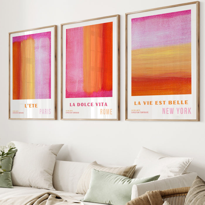 Pink Orange Abstract, Printable set of 3, 70s Style Poster, 60s Flower Print, Orange Pink Decor, Dork Room Wall Art, Digital Download