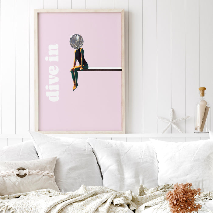 Disco Ball Head Poster, Funky Disco 70s Print, Pink Wall Art, Digital Artwork, Luxury Mirrorball Printable, Girly Dorm Room Art Trendy