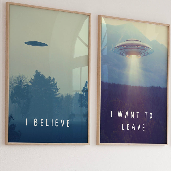 I Believe UFO Poster, Trendy Retro Wall Art Set of 2,  Spaceship Prints, Funny Art, Boys Dorm Wall decor, Boy Gift, Digital Download