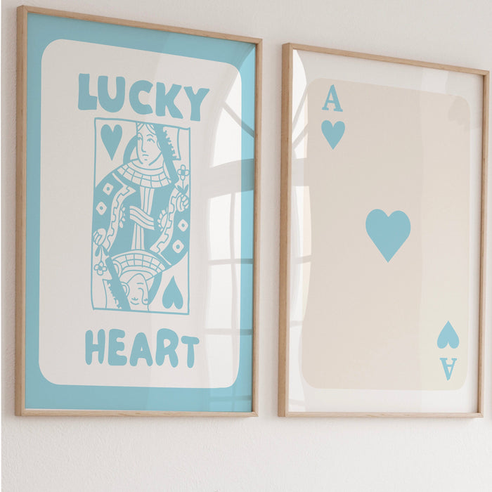 Trendy Retro Wall Art Set of 2 ,Retro Trendy Aesthetic Print, Lucky You Heart Poster, Pale Blue Green Print, Funny Art,  Minimalist, Digital