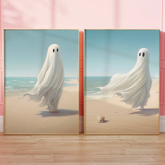 Gallery Wall Art Set of 6, Cute Beach Ghost Halloween Printable, Trendy Halloween,  Retro Fall, Printable, Landscape and portrait