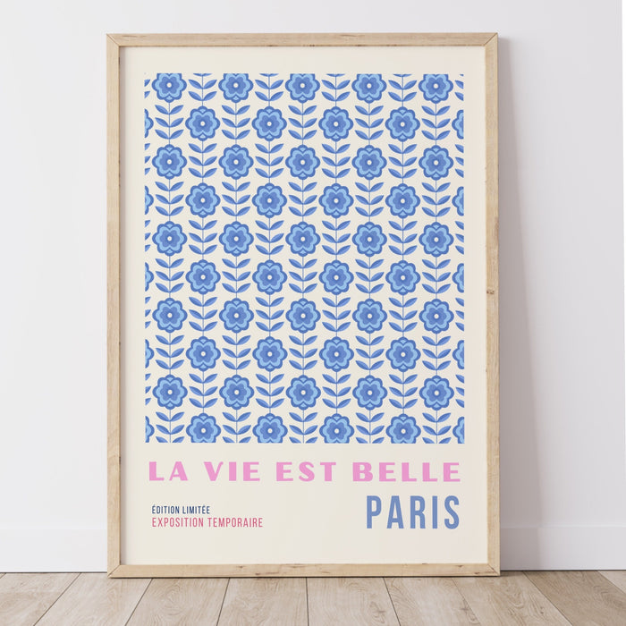 Blue Abstract 70s Style Poster, 60s Flower Print, Paris Exhibition Travel Poster, Digital Download