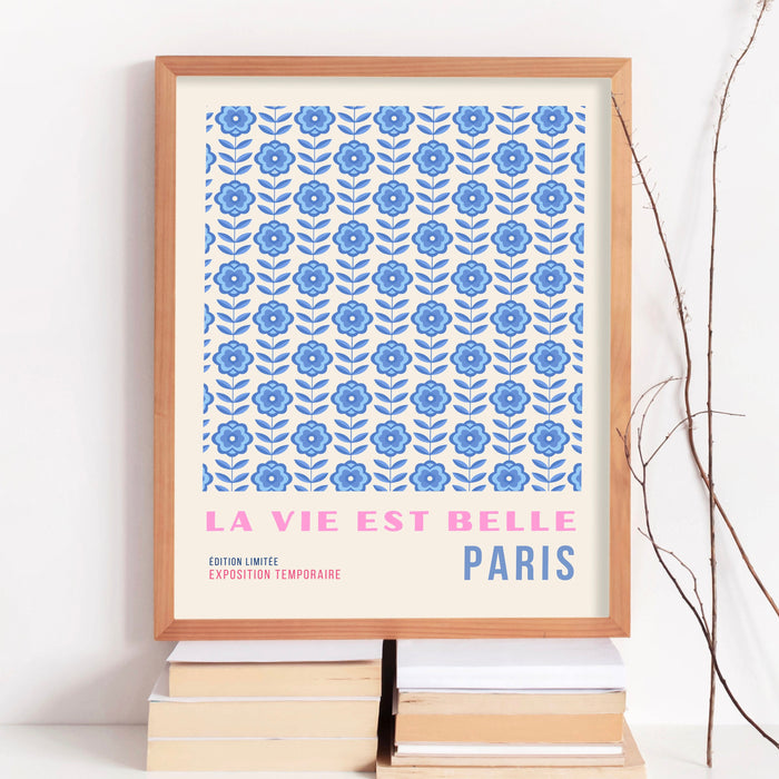 Blue Abstract 70s Style Poster, 60s Flower Print, Paris Exhibition Travel Poster, Digital Download
