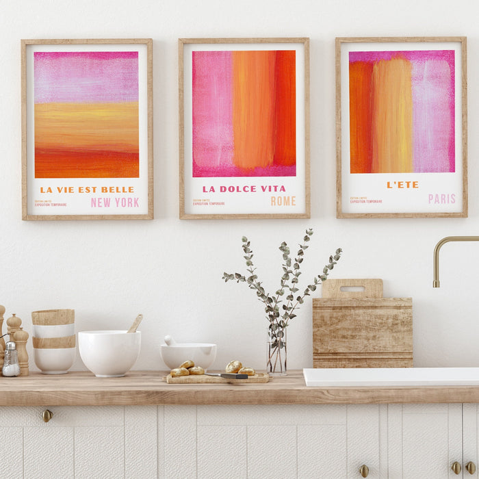 Pink Orange Abstract, Printable set of 3, 70s Style Poster, 60s Flower Print, Orange Pink Decor, Dork Room Wall Art, Digital Download
