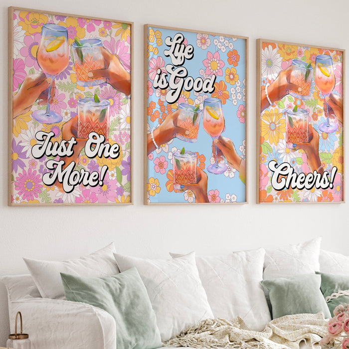 Gallery Wall Art set of 3, Digital Download, Martini Art-Retro Print-Cheers Trendy Art-70s Art Print-Girly-Cocktail Art -Preppy Bar Cart Art
