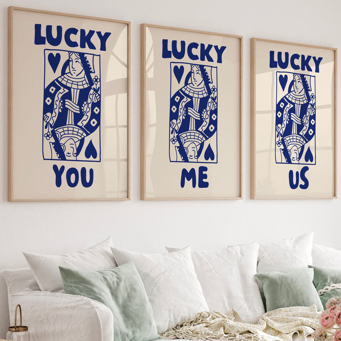 Trendy Retro Wall Art Set of 3, Retro Trendy Aesthetic Print,Lucky You Poster,Blue Print, Trendy Wall Art,Funny Art, Minimalist, Digital Art