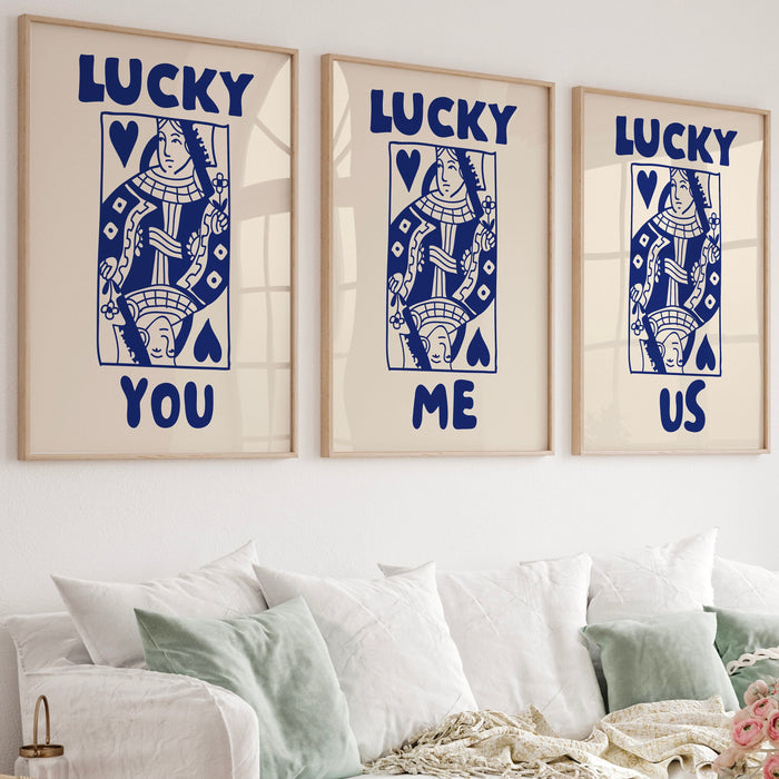 Trendy Retro Wall Art Set of 3, Retro Trendy Aesthetic Print,Lucky You Poster,Blue Print, Trendy Wall Art,Funny Art, Minimalist, Digital Art