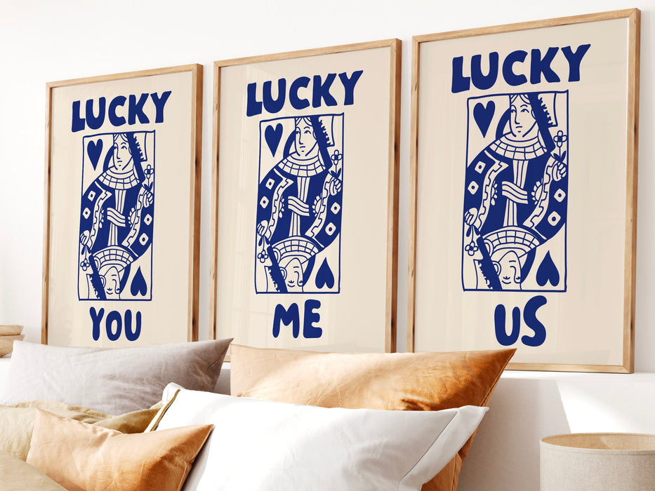 Trendy Retro Wall Art Set of 3, Retro Trendy Aesthetic Print,Lucky You Poster,Blue Print, Trendy Wall Art,Funny Art, Minimalist, Digital Art