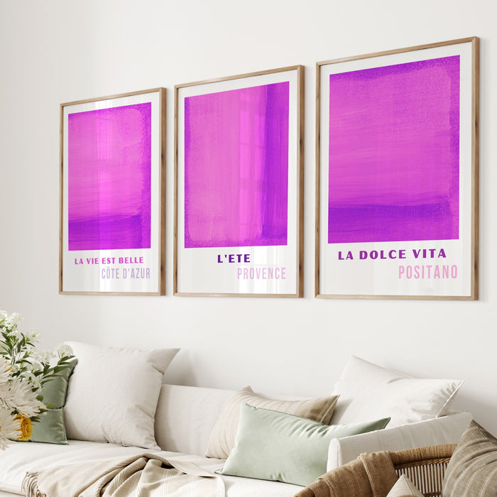 Gallery Wall Art Set Of 3 Prints, Purple Pink Abstract Digital Download, 70s Style Travel Poster, Dorm Room Decor Printable Digital Download