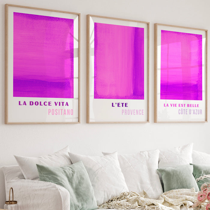 Gallery Wall Art Set Of 3 Prints, Purple Pink Abstract Digital Download, 70s Style Travel Poster, Dorm Room Decor Printable Digital Download