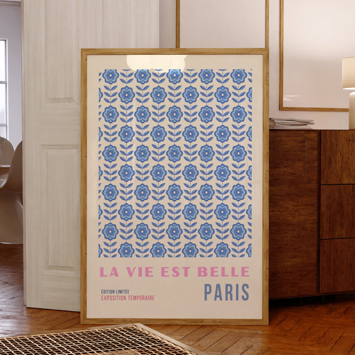 Blue Abstract 70s Style Poster, 60s Flower Print, Paris Exhibition Travel Poster, Digital Download
