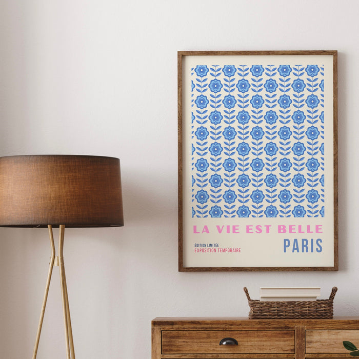 Blue Abstract 70s Style Poster, 60s Flower Print, Paris Exhibition Travel Poster, Digital Download