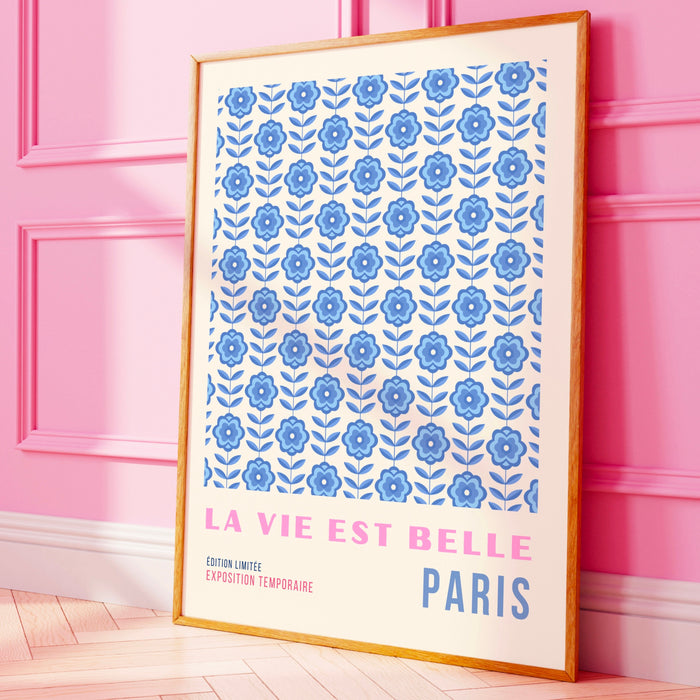 Blue Abstract 70s Style Poster, 60s Flower Print, Paris Exhibition Travel Poster, Digital Download