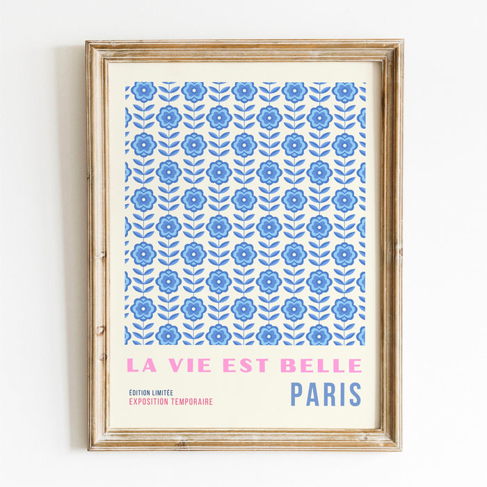 Blue Abstract 70s Style Poster, 60s Flower Print, Paris Exhibition Travel Poster, Digital Download