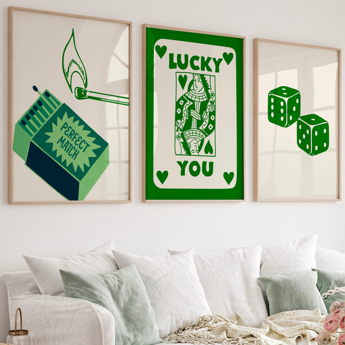 Trendy Retro Wall Art Set Of 12, Retro Trendy Minimalist Print Green and Beige Print, Lucky You Poster, Trendy Wall Art, Funny Art, Digital,