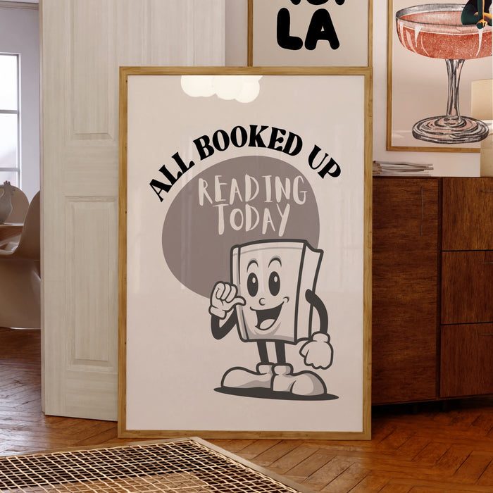 Reading Poster-Classroom Wall Decor-Digital Download-Wall Print-All Booked Up-Trendy Retro Art-70s Art Print-Retro Character