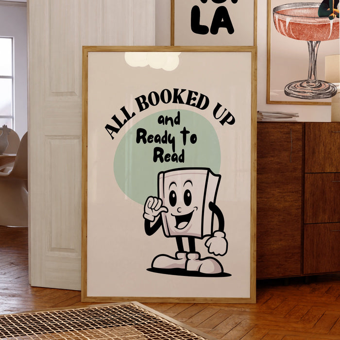 Reading Poster-Classroom Wall Decor-Digital Download-Wall Print-All Booked Up-Trendy Retro Art-70s Art Print-Retro Character