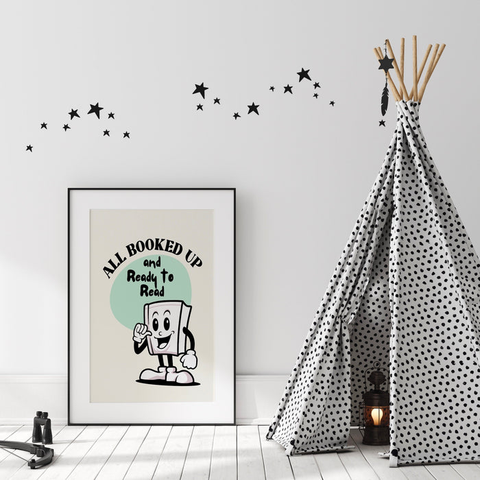 Reading Poster-Classroom Wall Decor-Digital Download-Wall Print-All Booked Up-Trendy Retro Art-70s Art Print-Retro Character