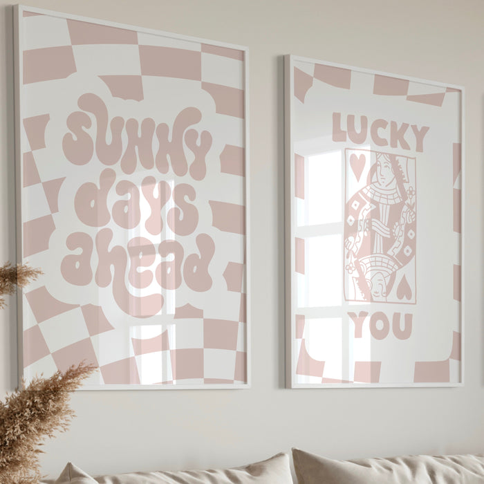 Trendy Retro Wall Art Set of 2, Retro Trendy Aesthetic Print,Lucky You Poster,Beige Print,Trendy Wall Art,Funny Art, Minimalist Digital Art