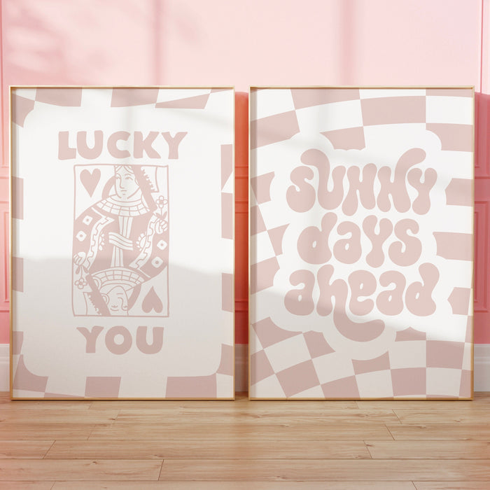 Trendy Retro Wall Art Set of 2, Retro Trendy Aesthetic Print,Lucky You Poster,Beige Print,Trendy Wall Art,Funny Art, Minimalist Digital Art