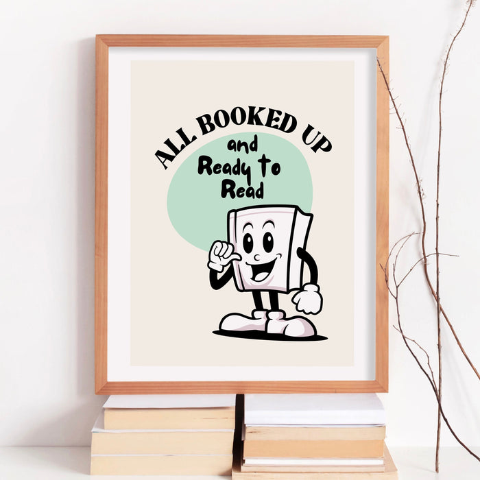 Reading Poster-Classroom Wall Decor-Digital Download-Wall Print-All Booked Up-Trendy Retro Art-70s Art Print-Retro Character