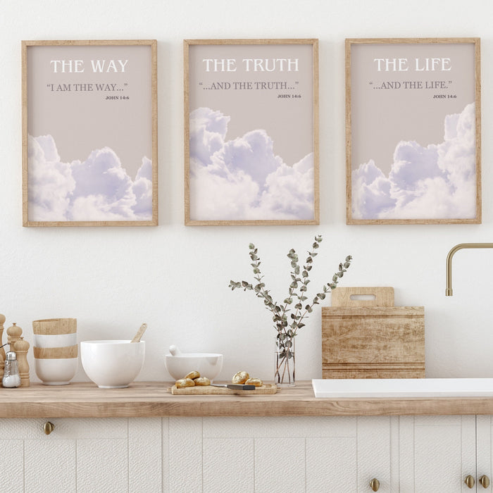 Jesus Posters Set of 3 Prints, Christian Poster Bible Art Print Gift God Art, The Way The Truth The Life Wall Art, Clouds, Digital Downloads