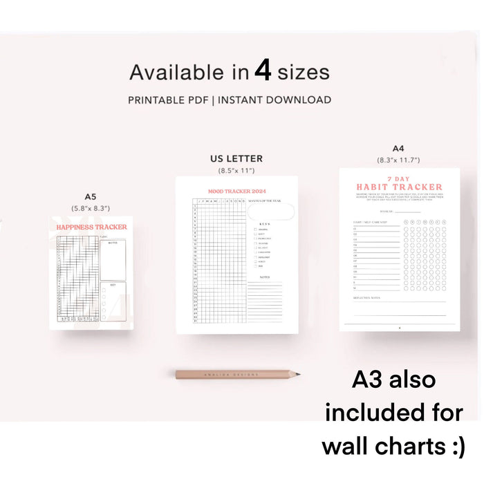 Mood Trackers Bundle - Printable US Letter - A5 - A3 - A4 Journal Pages - Value Pack- Set of 14