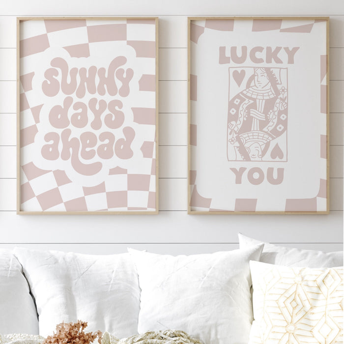 Trendy Retro Wall Art Set of 2, Retro Trendy Aesthetic Print,Lucky You Poster,Beige Print,Trendy Wall Art,Funny Art, Minimalist Digital Art