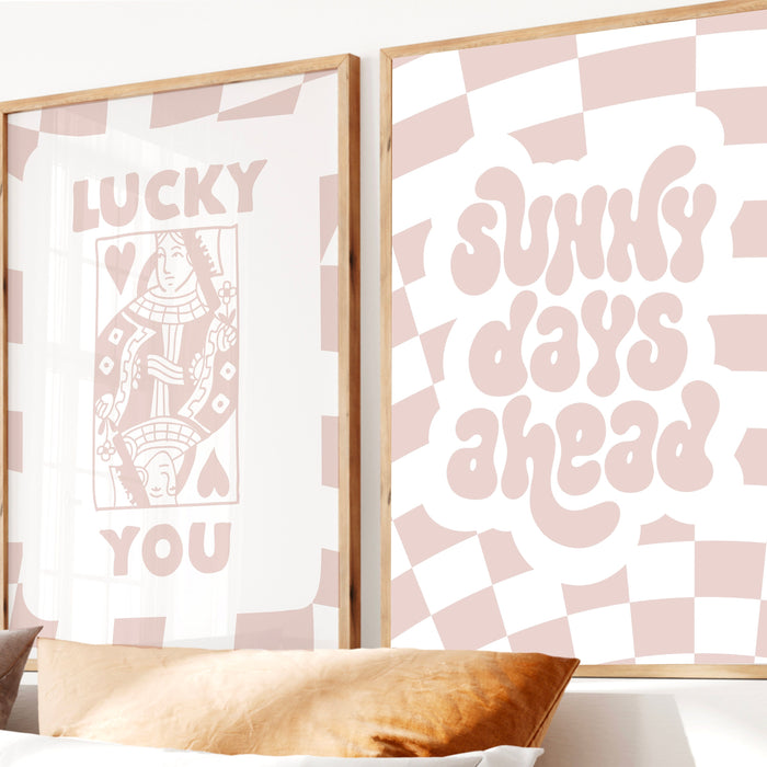 Trendy Retro Wall Art Set of 2, Retro Trendy Aesthetic Print,Lucky You Poster,Beige Print,Trendy Wall Art,Funny Art, Minimalist Digital Art