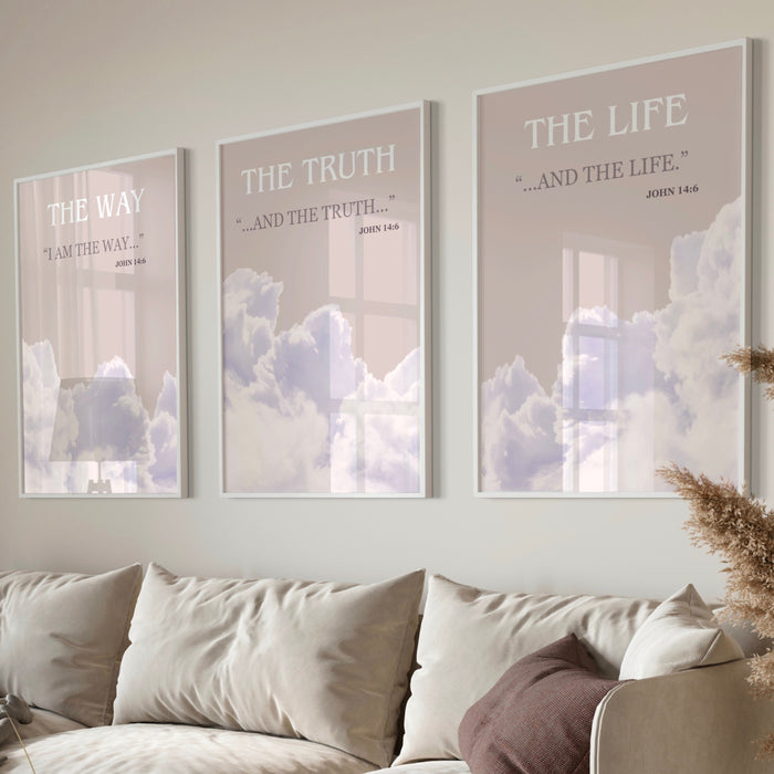 Jesus Posters Set of 3 Prints, Christian Poster Bible Art Print Gift God Art, The Way The Truth The Life Wall Art, Clouds, Digital Downloads