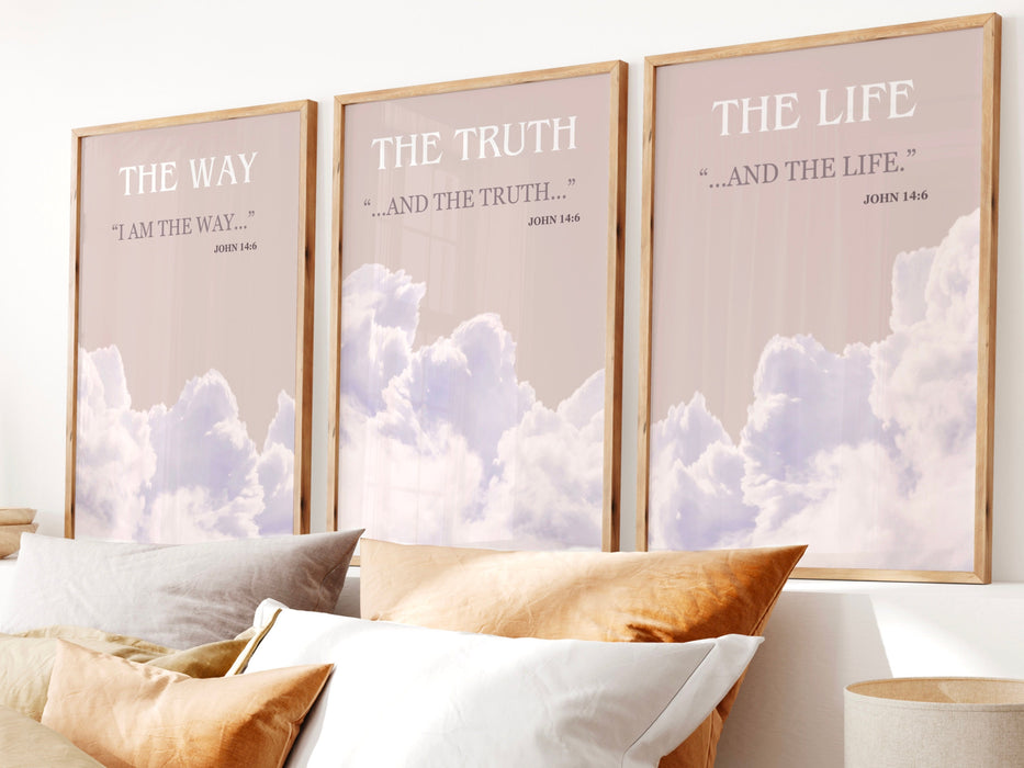 Jesus Posters Set of 3 Prints, Christian Poster Bible Art Print Gift God Art, The Way The Truth The Life Wall Art, Clouds, Digital Downloads