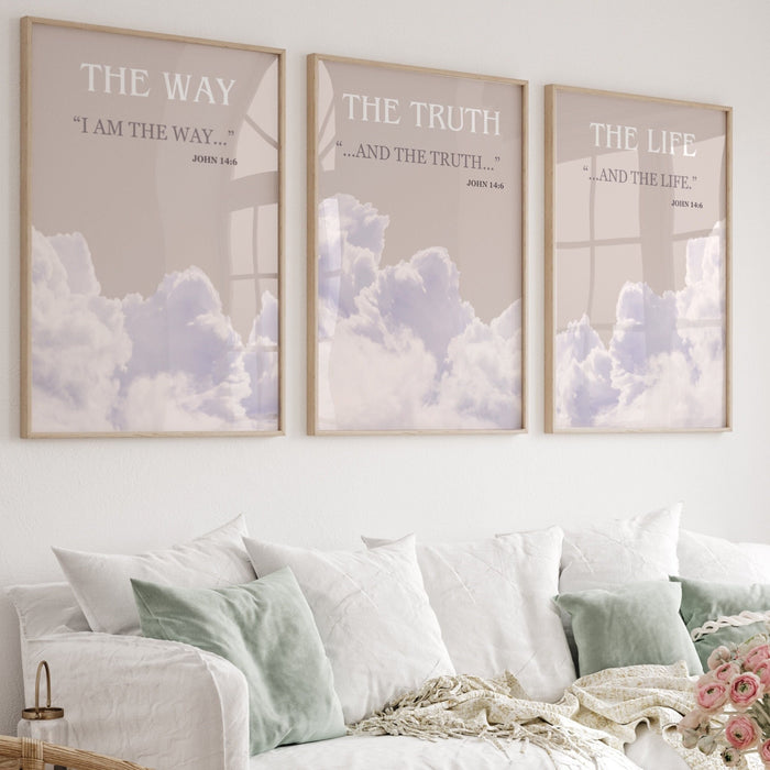 Jesus Posters Set of 3 Prints, Christian Poster Bible Art Print Gift God Art, The Way The Truth The Life Wall Art, Clouds, Digital Downloads