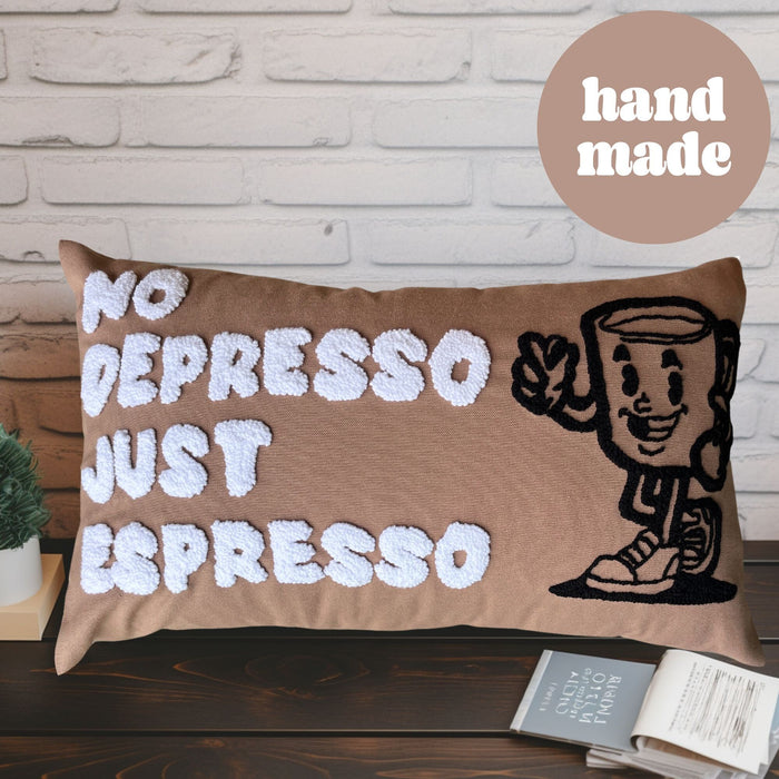 No Depresso Just Espresso Trendy Retro Coffee Lover Gift Handmade Needle Punch Cushion Beige Neutral Throw Cushion Aesthetic Dorm Pillow