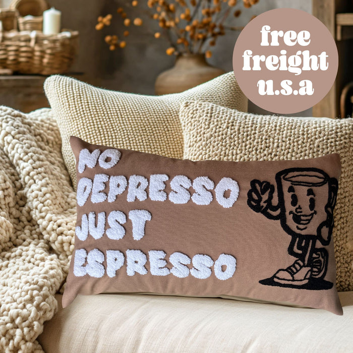 No Depresso Just Espresso Trendy Retro Coffee Lover Gift Handmade Needle Punch Cushion Beige Neutral Throw Cushion Aesthetic Dorm Pillow
