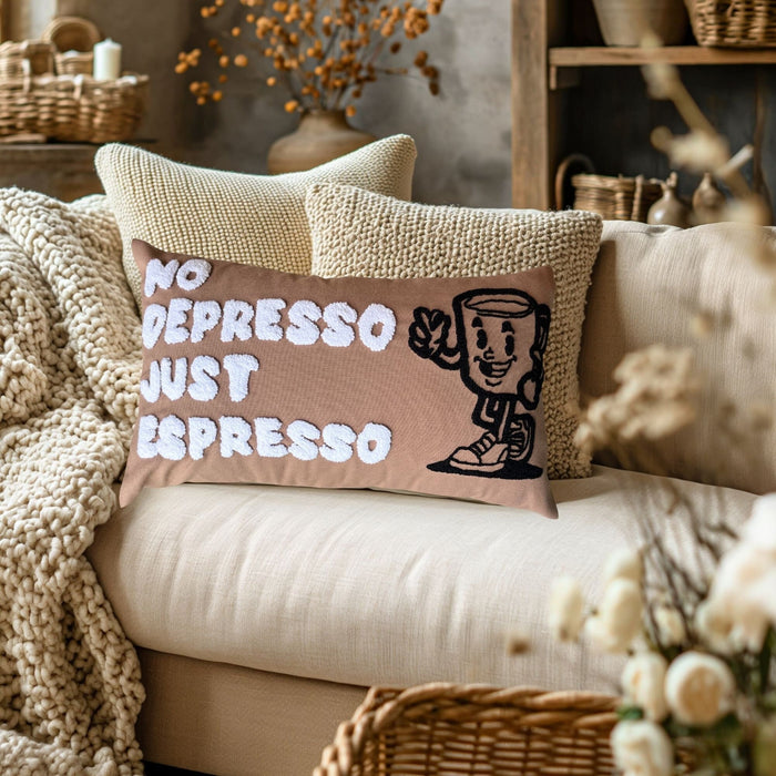 No Depresso Just Espresso Trendy Retro Coffee Lover Gift Handmade Needle Punch Cushion Beige Neutral Throw Cushion Aesthetic Dorm Pillow