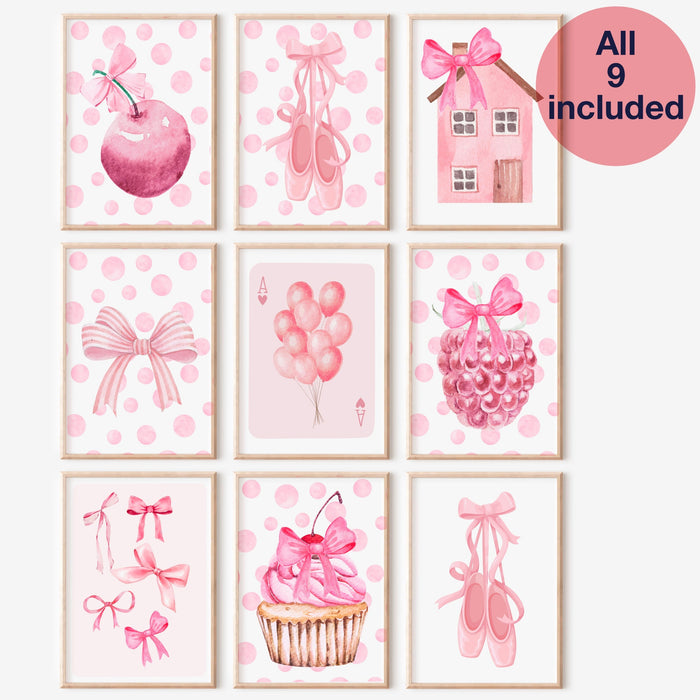 Bow Wall Art Pink Art Print Trendy Art Set of 9 Prints Coquette Aesthetic Poster Ribbon Print Neutral Wall Art Preppy Dorm Decor Digital Art